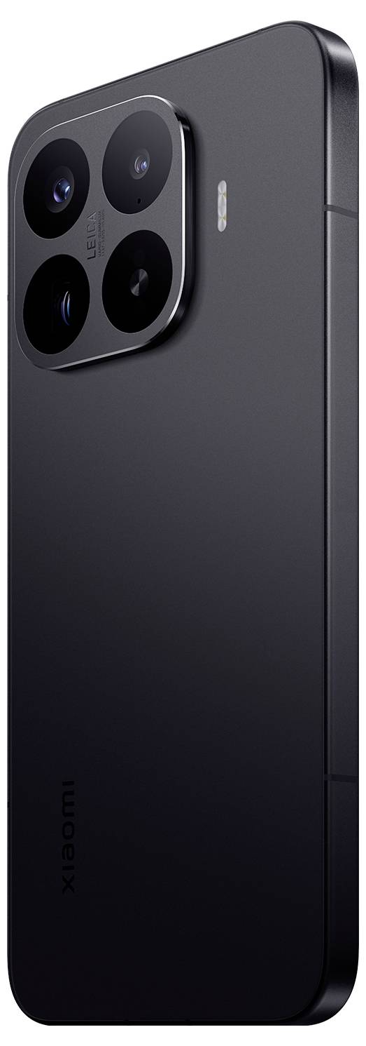 Nahaufnahme der Rückseite eines schwarzen Xiaomi-Smartphones mit einem quadratischen Vier-Kamera-Modul und schlanken Seitentasten.