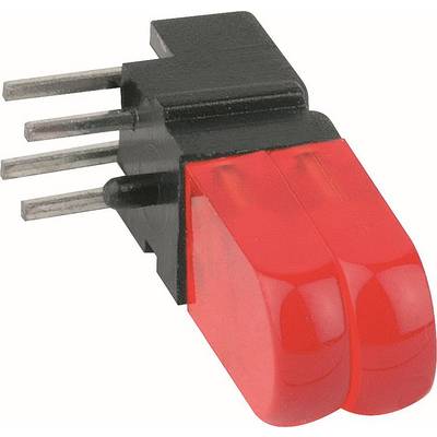 Nahaufnahme einer schwarzen elektronischen Komponente mit vier Metallstiften und einer roten durchscheinenden Doppellinsenabdeckung.