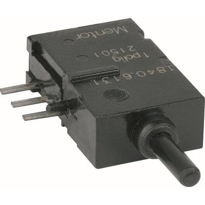 Schwarzer elektrischer Mikroschalter mit drei Metallkontakten und einem schwarzen Betätigungshebel.