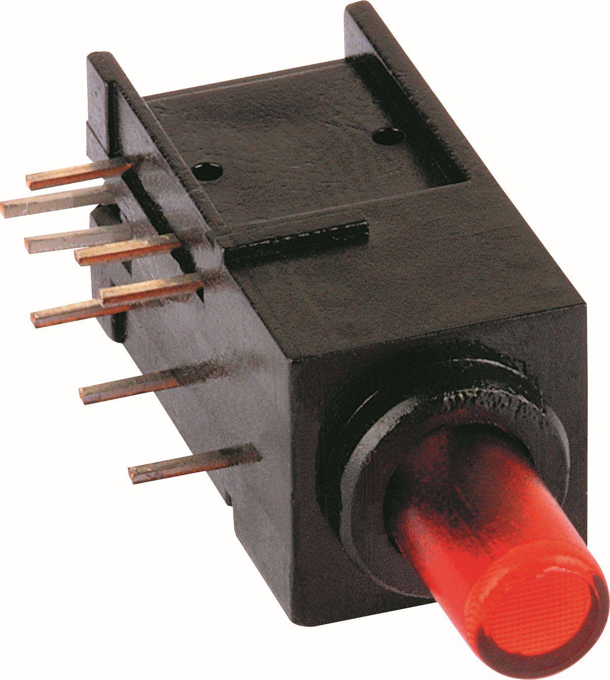 Schwarzer rechteckiger elektronischer Schalter mit Metallstiften und einem roten Druckknopf auf weißem Hintergrund.
