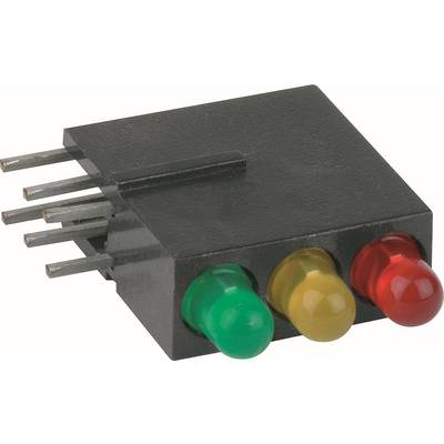 Schwarze elektronische Komponente mit fünf Metallstiften und drei Anzeige-LEDs: grün, gelb und rot.