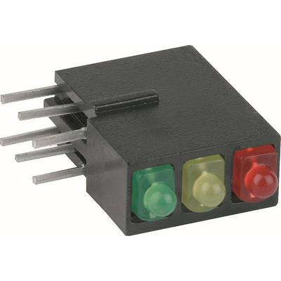 Schwarzes elektronisches Modul mit sechs Metallstiften und drei Indikator-LEDs/Tasten auf der Vorderseite: grün, gelb und rot.