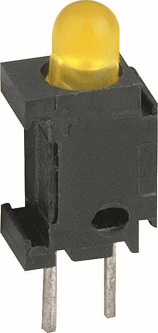 Nahaufnahme einer gelben LED, die in eine schwarze Druckknopf-ähnliche elektronische Komponente mit zwei Metallbeinen montiert ist.
