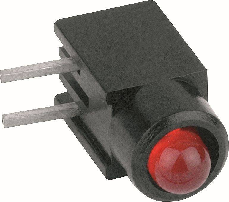 Nahaufnahme eines schwarzen zweipoligen elektronischen LED-Anzeigers mit roter Linse auf weißem Hintergrund.