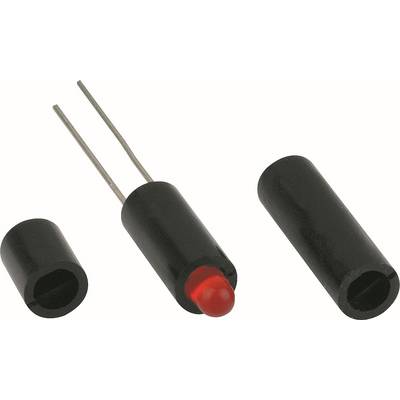 Drei schwarze LED-Gehäuse: eines mit zwei Metallanschlüssen und einer roten LED-Spitze, flankiert von zwei hohlen Kappen auf weißem Hintergrund.
