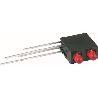 Schwarzes rechteckiges elektronisches Bauteil mit drei Metallstiften und zwei roten Anzeigelinsen oder LEDs an einem Ende.