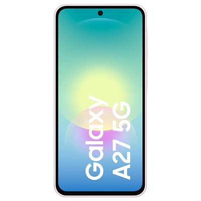 Vorderansicht eines Samsung Galaxy A27 5G Smartphones mit einem Farbverlauf von Blaugrün zu Blau als Hintergrundbild und großem Text "Galaxy A27 5G" auf dem Bildschirm.
