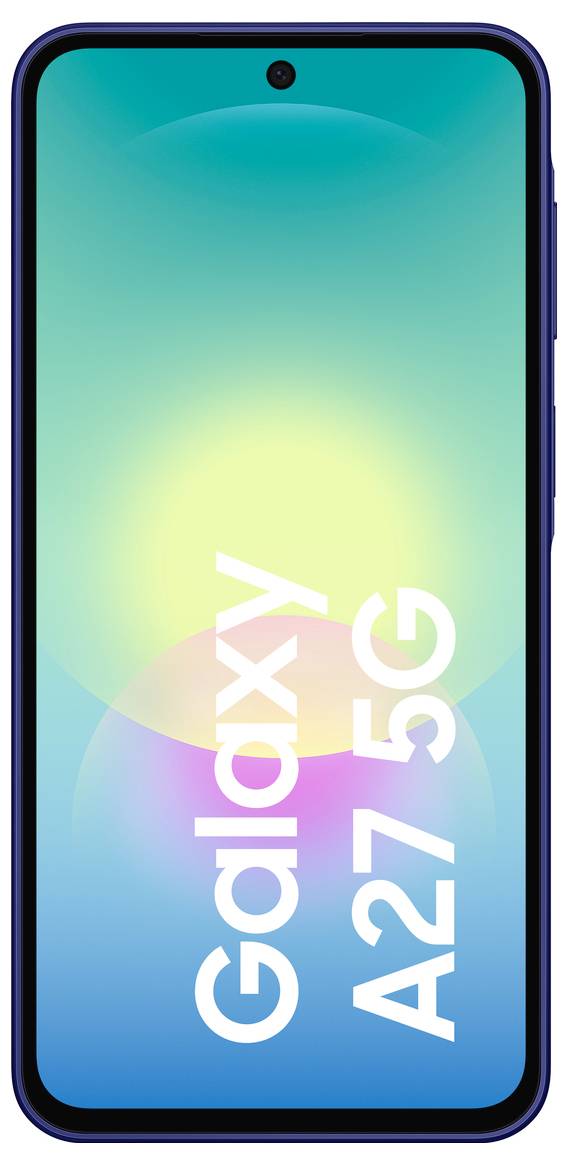 Vorderansicht eines Samsung Galaxy A27 5G Smartphones mit blauem Bildschirm, zentralem Selfie-Kamerablende und "Galaxy A27 5G"-Text auf dem Display.