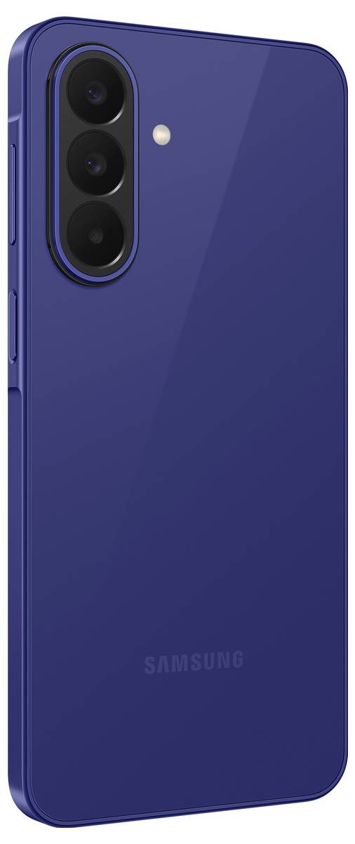 Blaues Samsung-Smartphone von hinten mit vertikalem dreifachen Rückfahrtskamera und Blitz.
