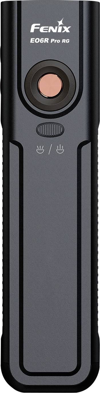 Vorderansicht einer Fenix E06R Pro RG Taschenlampe, die einen runden Knopf und einen schlanken grau-schwarzen Körper zeigt.