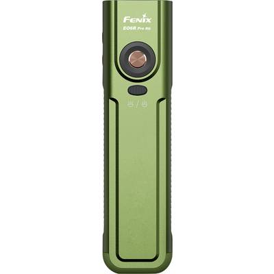Green Fenix E06R Pro RG Taschenlampe von vorne gezeigt, mit zentralem rundem Knopf und Clip-/Anzeigedetails am Gehäuse.