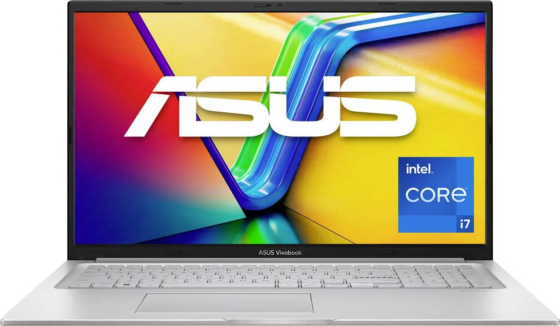 ASUS Laptop geöffnet mit farbenfrohem Bildschirm, der großes ASUS-Logo und Intel Core i7-Abzeichen zeigt