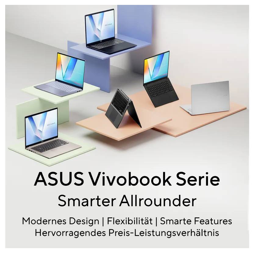 ASUS Vivobook Laptops auf pastellfarbenen Plattformen in verschiedenen Farben und Positionen, die die Serie „Smarter Allrounder" mit modernem Design, Flexibilität, intelligenten Funktionen und Wertigkeit bewerben.