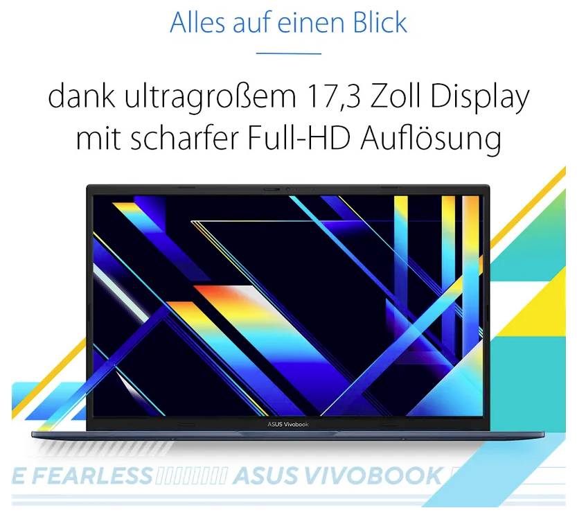 ASUS Vivobook Laptop mit 17,3-Zoll Full-HD-Display; deutsche Überschrift besagt „Alles auf einen Blick" und hebt den großen Bildschirm hervor.