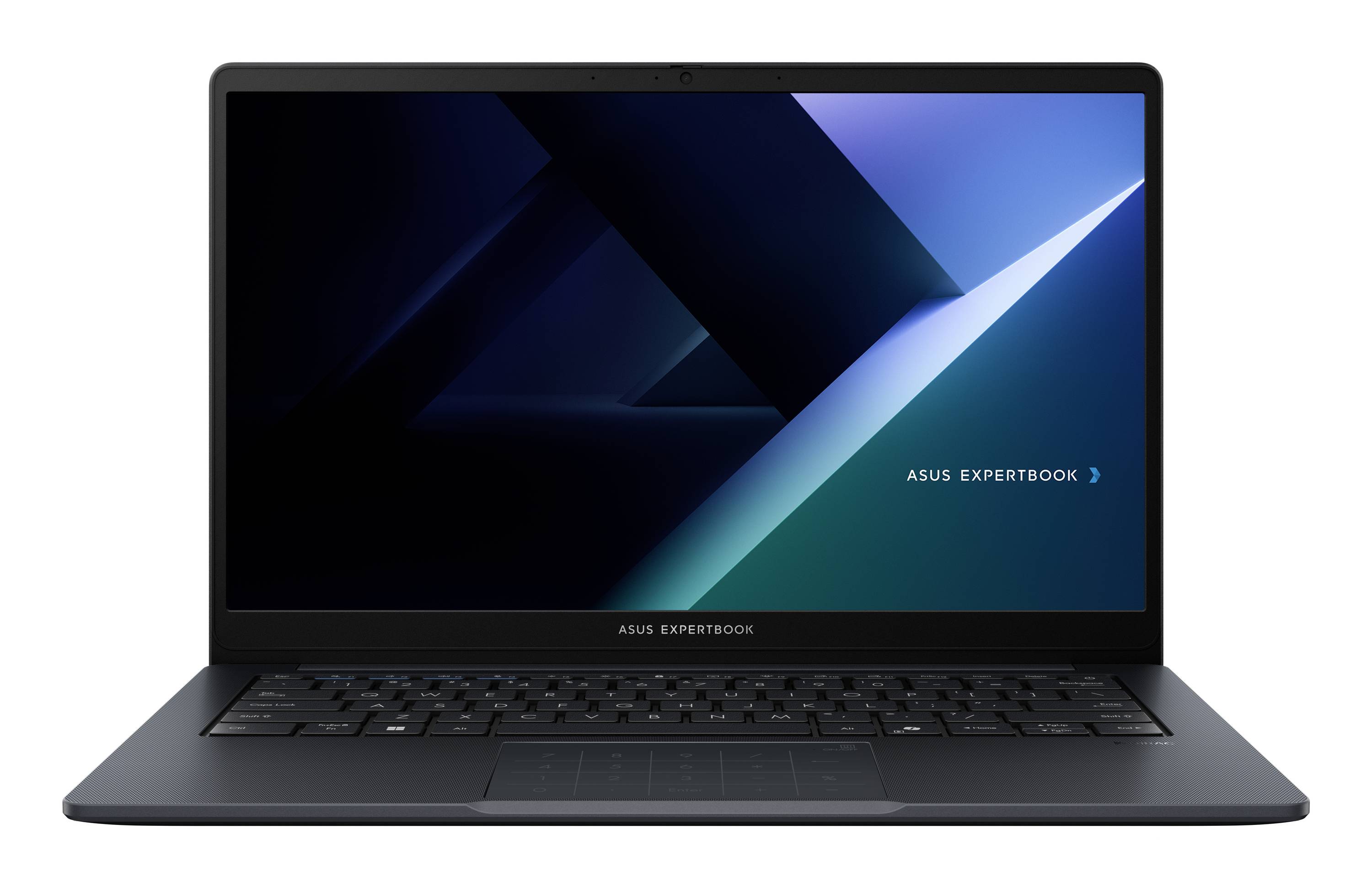 ASUS ExpertBook Laptop in Vorderansicht mit dunkelblauem abstraktem Hintergrundbild und "ASUS EXPERTBOOK" Text auf dem Bildschirm.