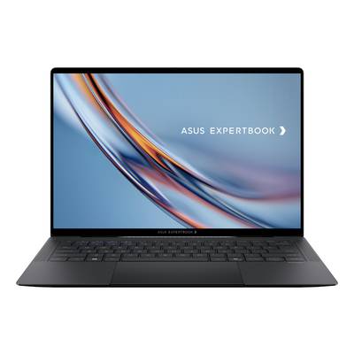 ASUS ExpertBook Laptop, geöffnet mit blauem abstraktem Hintergrund und dem Logo 'ASUS EXPERTBOOK' auf dem Bildschirm.