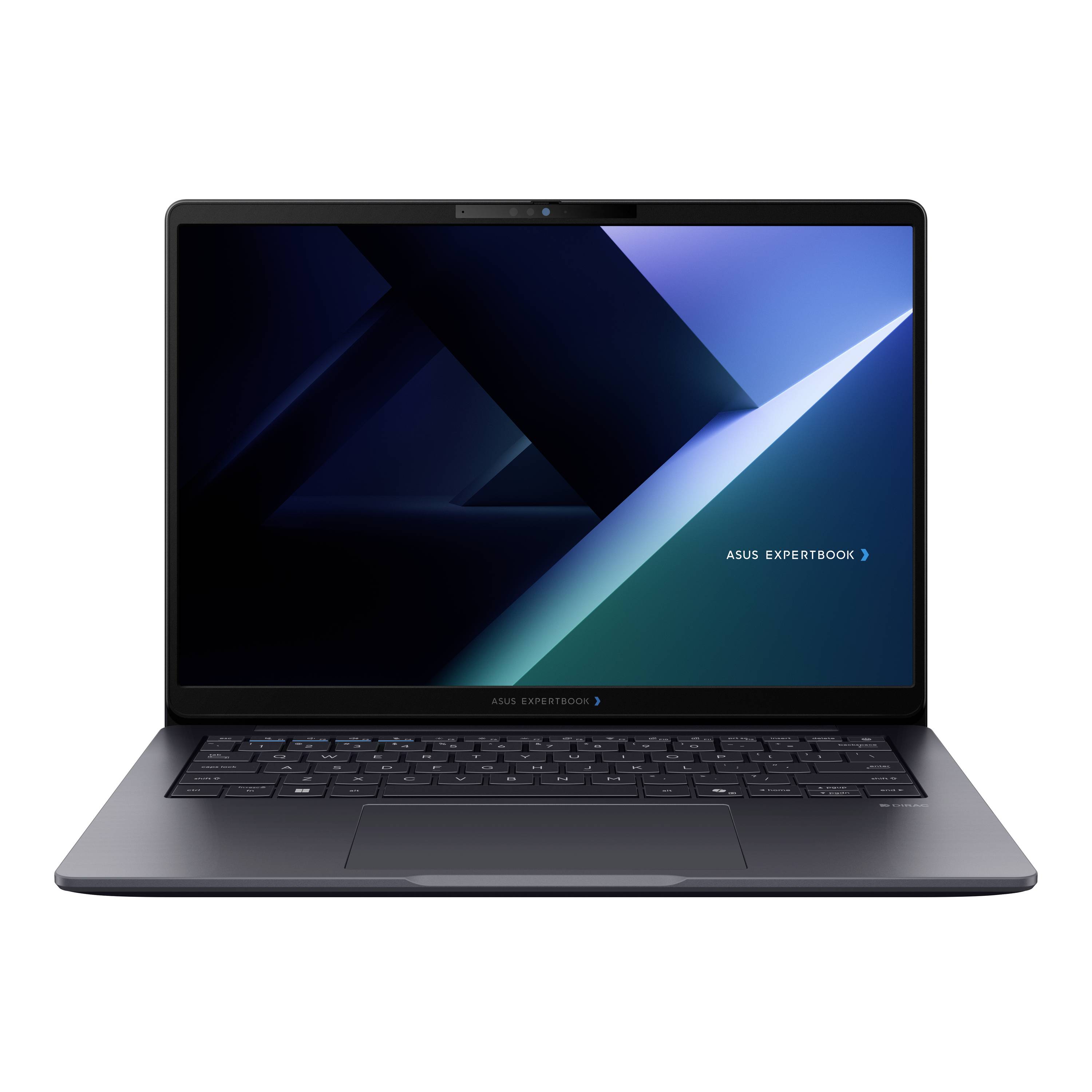 Vorderansicht eines schlanken ASUS ExpertBook-Laptops, der auf weißem Hintergrund geöffnet ist und ein dunkles geometrisches blaues Hintergrundbild auf dem Bildschirm zeigt.
