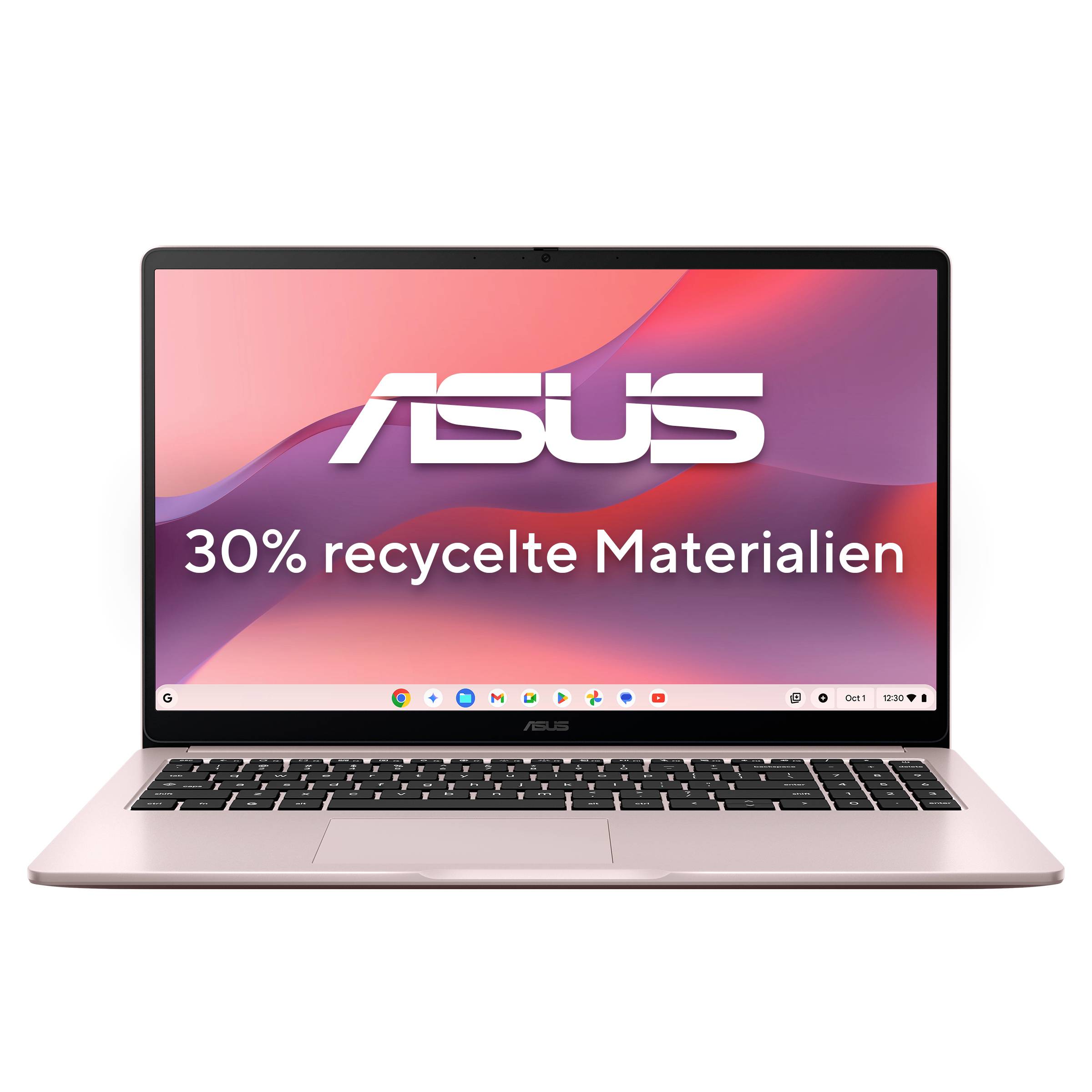 ASUS-Laptop mit Bildschirmtext „30% recycelte Materialien" auf rosa Farbverlaufshintergrund, der recycelte Materialien bewirbt.