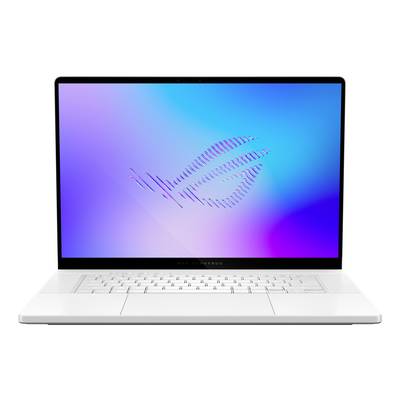 Offener silberner Laptop mit einem blau-violetten Gradient-Bildschirm, auf dem das ASUS ROG-Logo angezeigt wird.