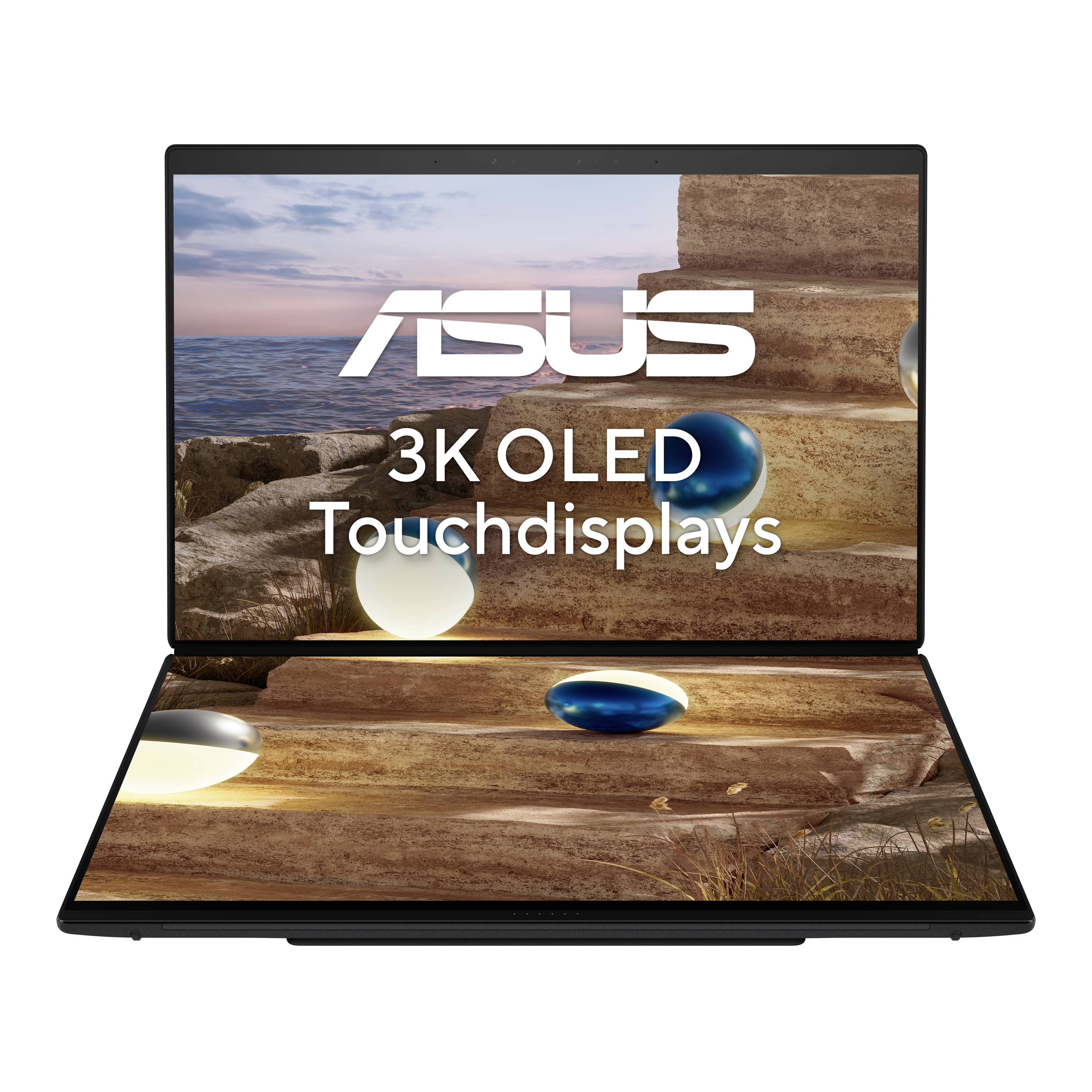 ASUS Laptop mit Doppelbildschirm und 3K-OLED-Touchdisplays, aufgeklappt gezeigt, mit einem Landschaftsbild und dem Text „3K-OLED-Touchdisplays".