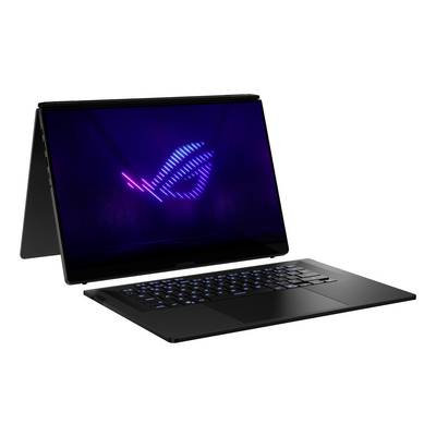 Schwarzes ASUS ROG Laptop im Zeltmodus, wobei ein leuchtendes blau-violettes Republic of Gamers Logo auf dem Bildschirm und eine blau beleuchtete Tastatur sichtbar sind.