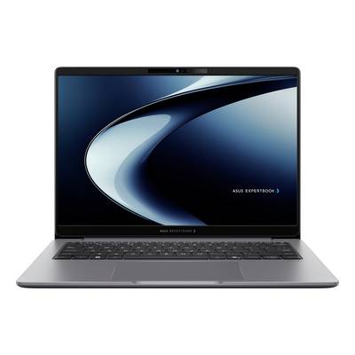 Frontansicht eines ASUS ExpertBook Laptops mit einem blauen abstrakten Hintergrundbild auf dem Bildschirm, aufgeklappt vor weißem Hintergrund dargestellt.