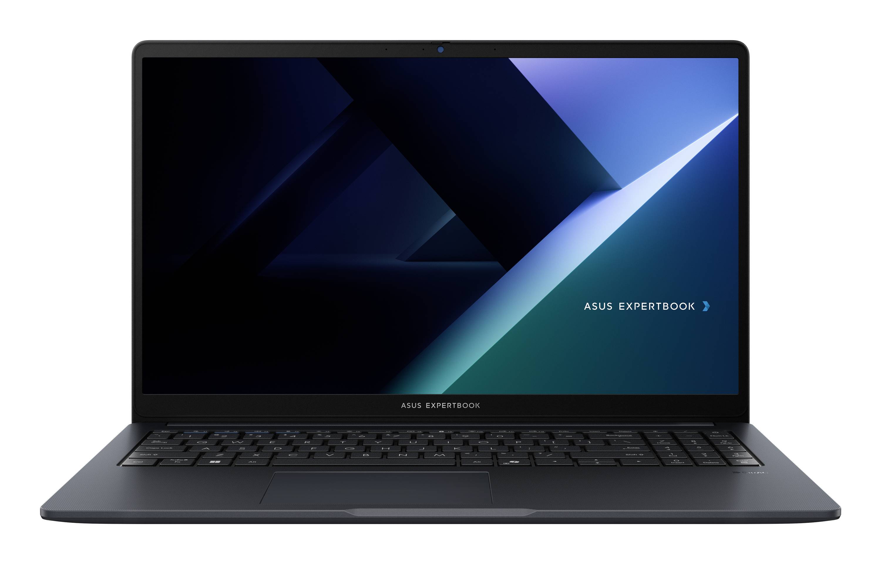 ASUS ExpertBook Laptop von vorne gezeigt mit einem blauen geometrischen Hintergrundbild auf dem Bildschirm.