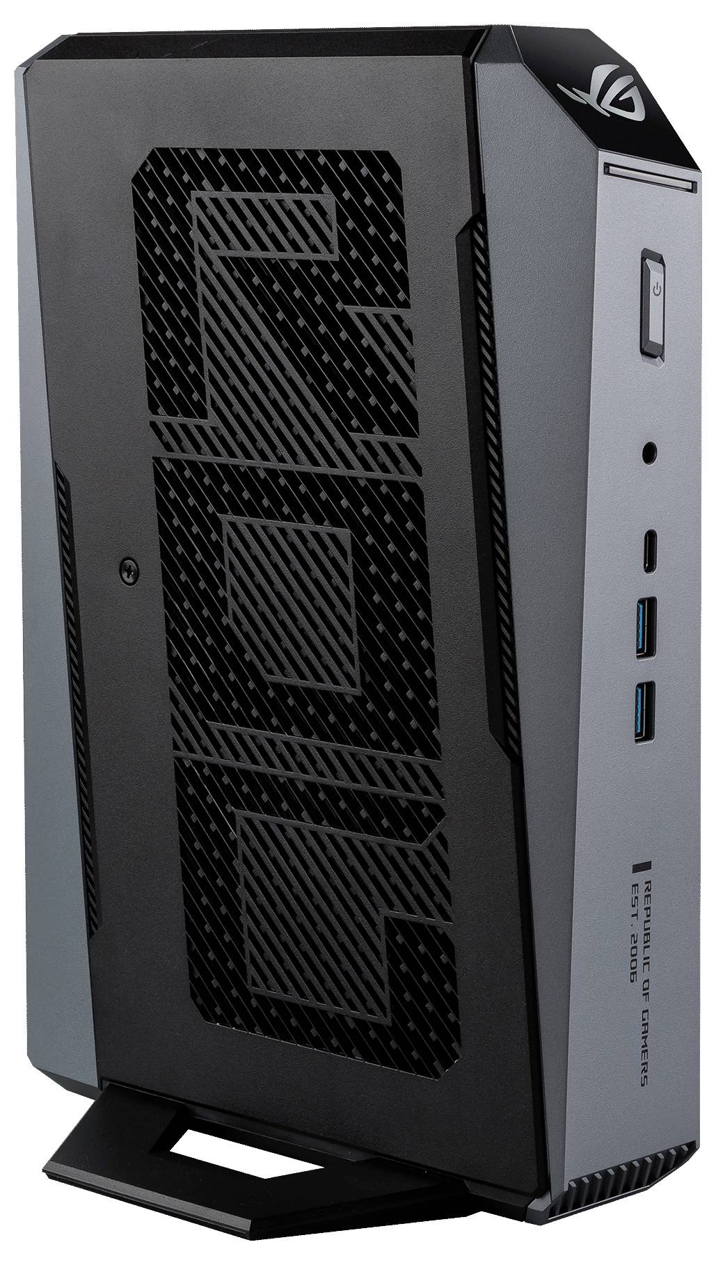 Schwarzer und grauer ASUS Republic of Gamers Desktop-PC-Tower mit Frontlüftungspanel, Stromschalter und USB-Anschlüssen auf einem Ständer.