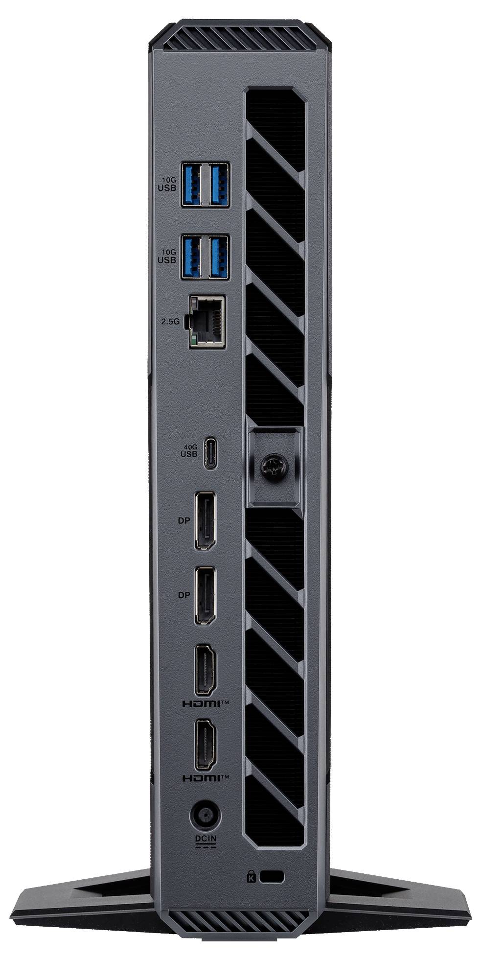 Kompakter Mini-PC-Tower in Frontansicht mit zwei USB-3.0-Anschlüssen, einem USB-C-Anschluss, zwei DisplayPort-Anschlüssen, einem HDMI-Anschluss und einem Betriebstaster auf der Frontblende.