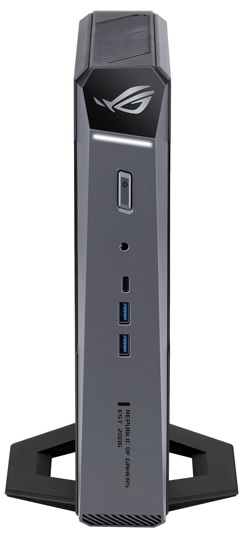 Vorderansicht eines schlanken ASUS ROG Mini-PCs auf einem Ständer, der das ROG-Logo, den Netzschalter, USB-Anschlüsse und die vordere Statusleuchte zeigt.