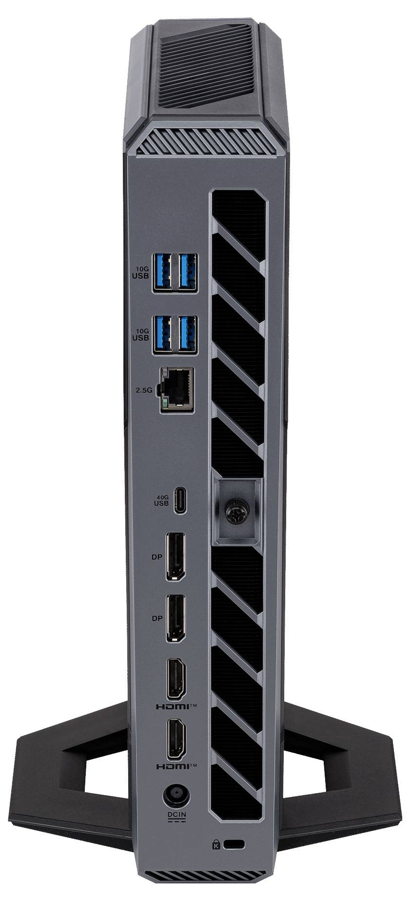 Frontansicht eines schlanken Desktop-Mini-PCs mit doppelten Ständern, der USB-Anschlüsse, Ethernet, mehrere HDMI-Anschlüsse und eine Stromversorgungsbuchse auf der Frontplatte zeigt.