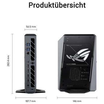 Produktübersicht eines kompakten Desktop-PC-Gehäuses, dargestellt in Vorder- und Seitenansicht, mit beschrifteten Abmessungen von 282,4 mm Höhe, 187,7 mm Tiefe, 146 mm Breite und 56,5 mm Dicke.