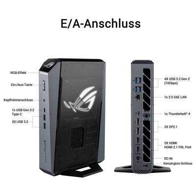 Kommentiertes Bild der vorderen und hinteren E/A-Anschlüsse eines PCs mit deutschen Beschriftungen, das RGB-Effekt, Netzschalter, Audiobuchse, USB-C- und USB-A-Anschlüsse, Ethernet, Thunderbolt 4, DP 2.1, HDMI, Stromeingang und Kensington-Schloss zeigt.