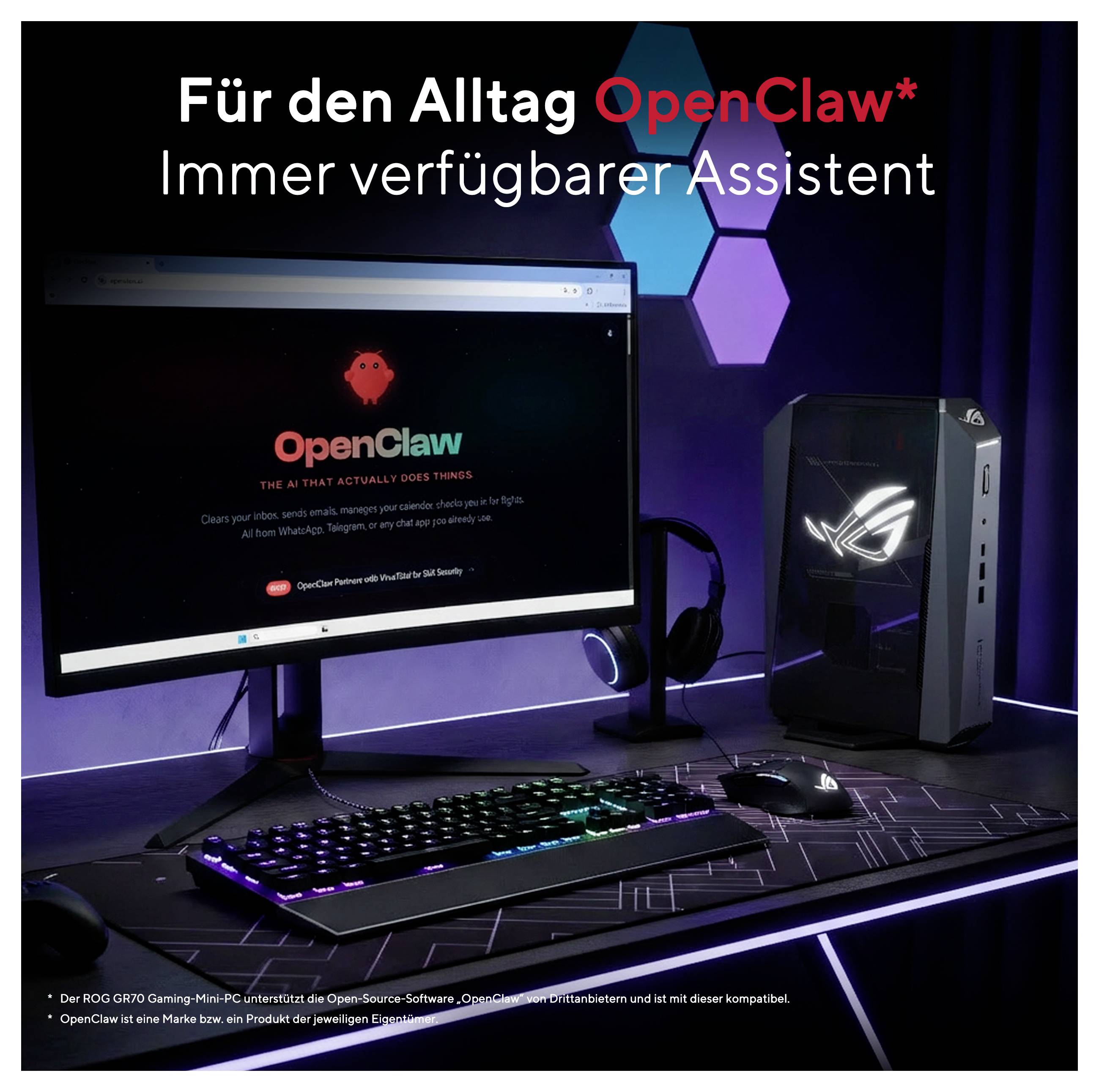 Gaming-Desktop-Setup, das OpenClaw-Assistent auf einem Monitor zeigt, mit deutscher Überschrift „Für den Alltag OpenClaw* Immer verfügbarer Assistent" und RGB-beleuchteter PC, Tastatur und Maus.