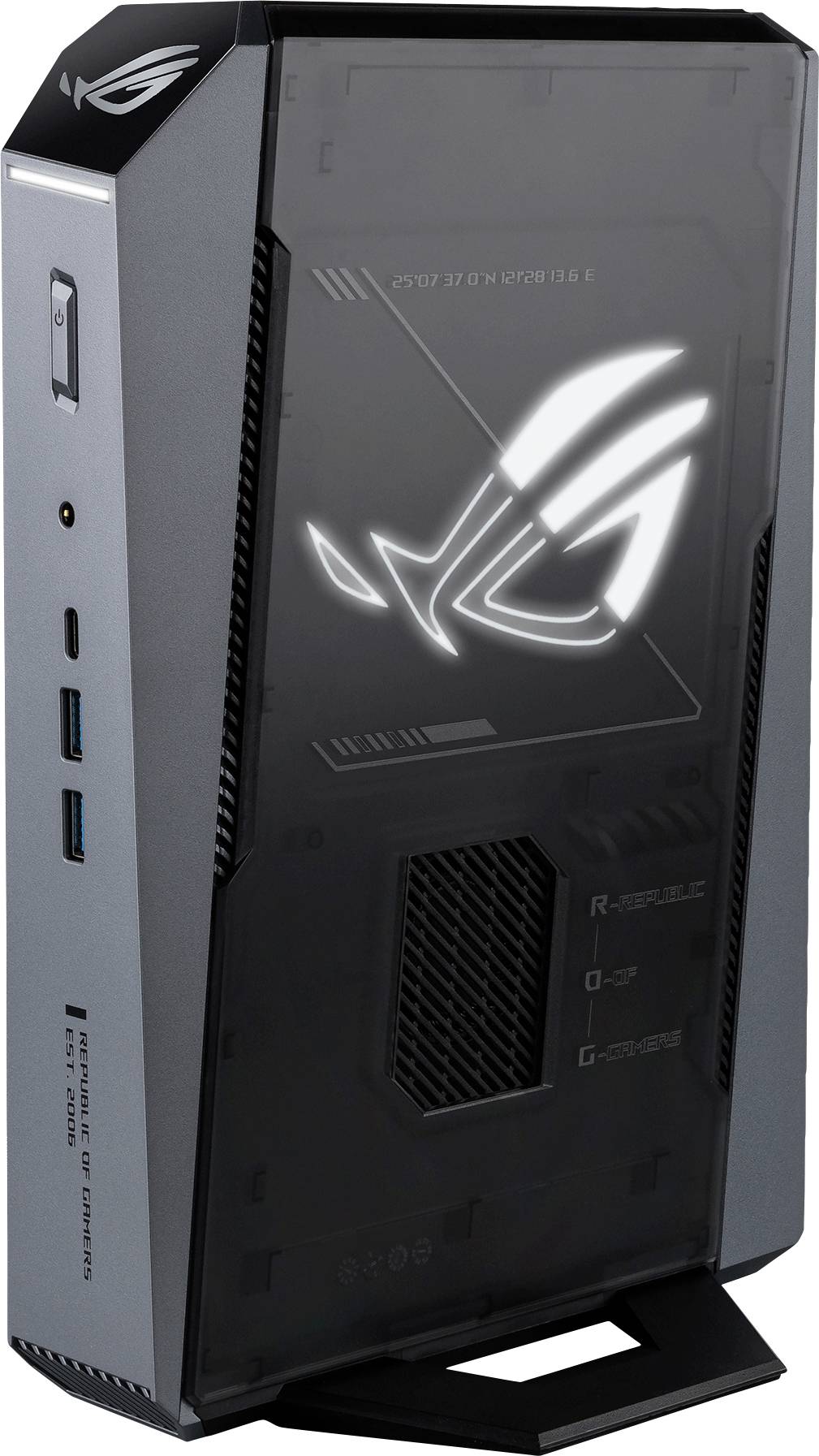 Kompakter ASUS ROG Gaming-Desktop-Tower mit großem leuchtend illuminiertem Republic of Gamers-Logo auf der Frontplatte.