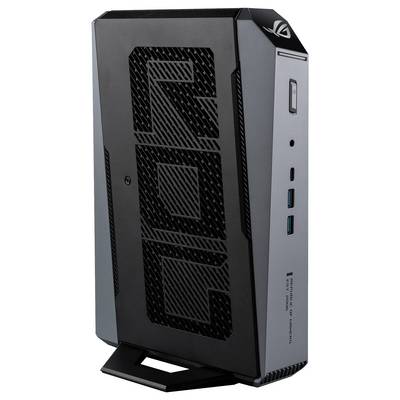 Ein schwarzer und grauer ASUS ROG Desktop-PC-Gehäuse, das aufrecht auf einer kleinen Basis steht.