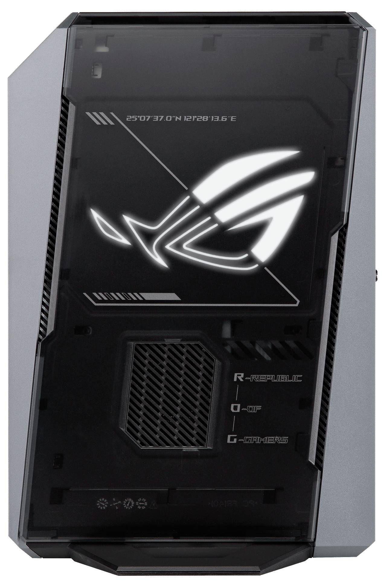 Ein schwarzer ASUS ROG Gaming-PC-Tower mit leuchtendem Republic of Gamers Logo und eckiger Frontblende.