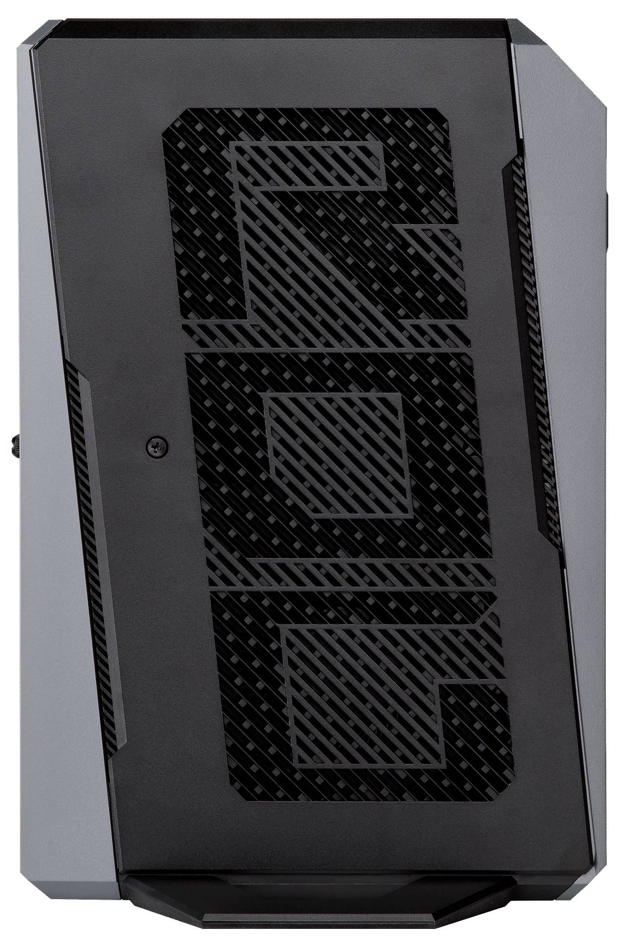 Schwarz-graues PC-Gehäuse mit Mesh-Frontblende und eckigen Seitenlüftungsöffnungen, vor weißem Hintergrund gezeigt.