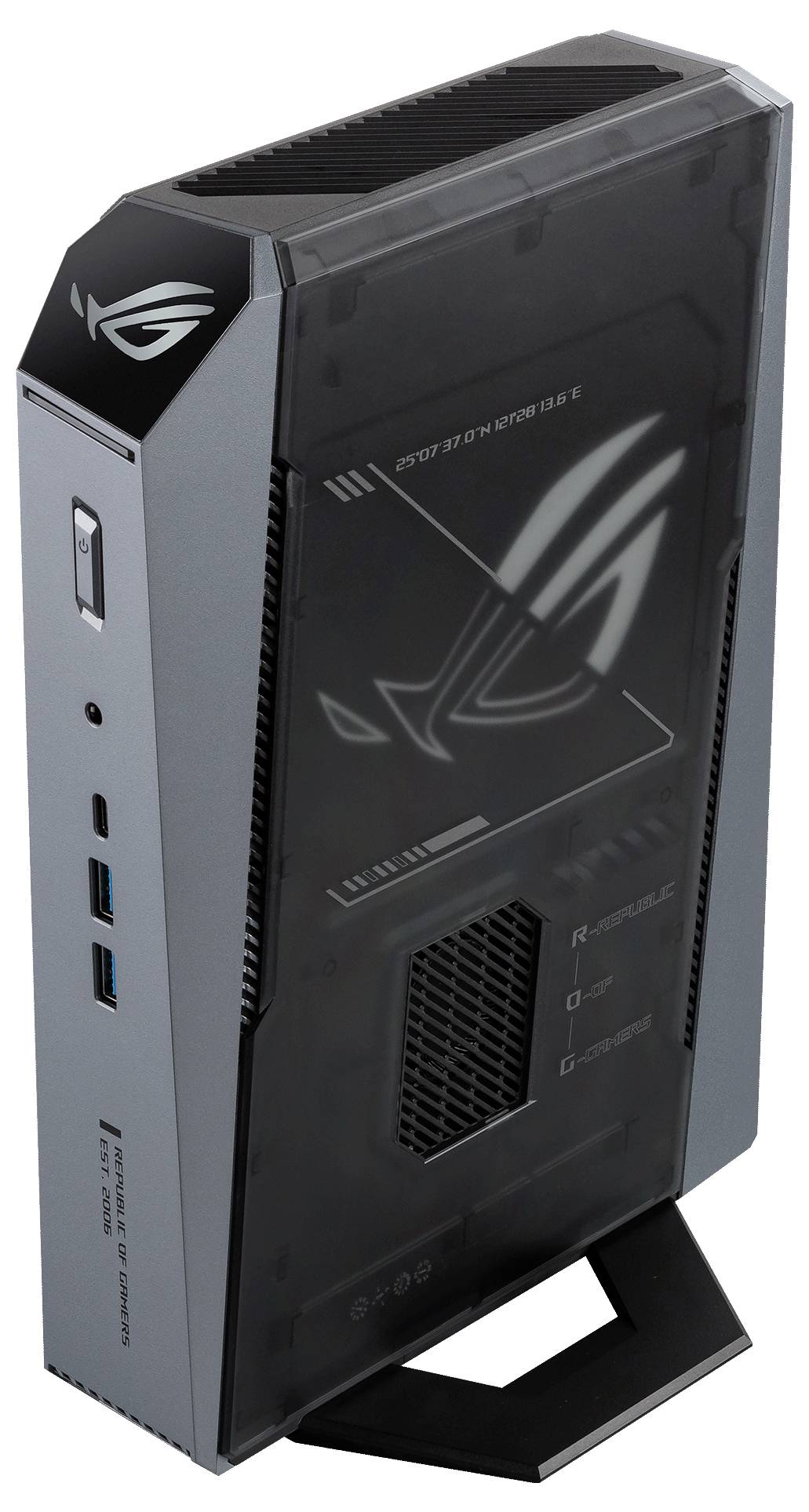 Kompakter ASUS ROG Gaming-Mini-PC-Tower mit schwarzem durchsichtigem Seitenpaneel, beleuchtetem ROG-Logo, vorderen USB-Anschlüssen und Ständer