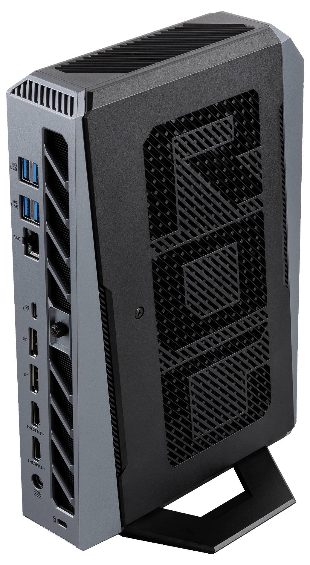 Kompakter schwarzer Desktop-Mini-PC-Turm mit belüfteten Seitenwänden und vorderen Anschlüssen, aufrecht auf einer Stützbasis stehend.