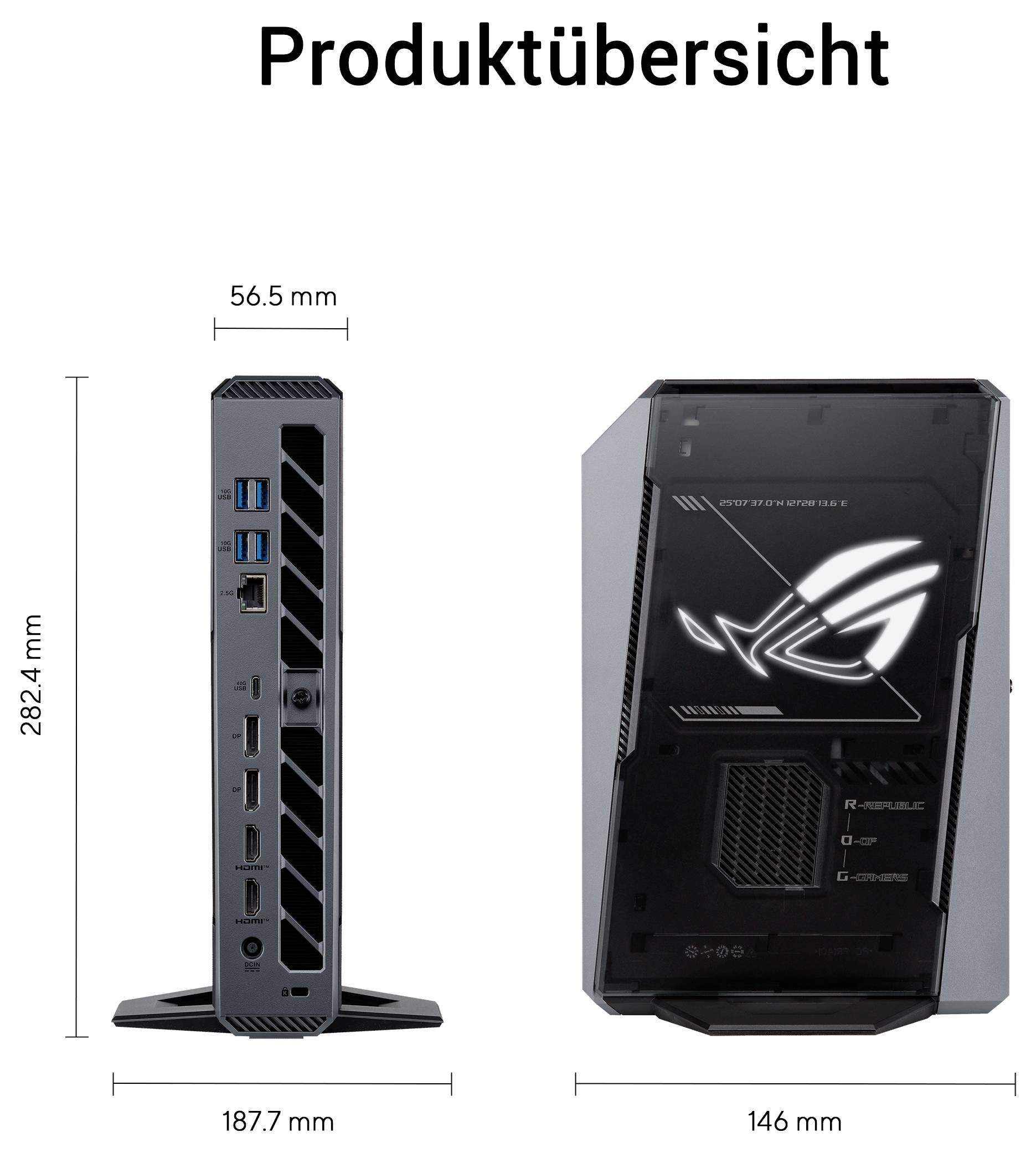 Produktübersicht eines kompakten PC-Gehäuses, dargestellt in Front- und Seitenansichten mit Abmessungen von 282,4 mm Höhe, 187,7 mm Breite, 146 mm Tiefe und 56,5 mm Dicke.