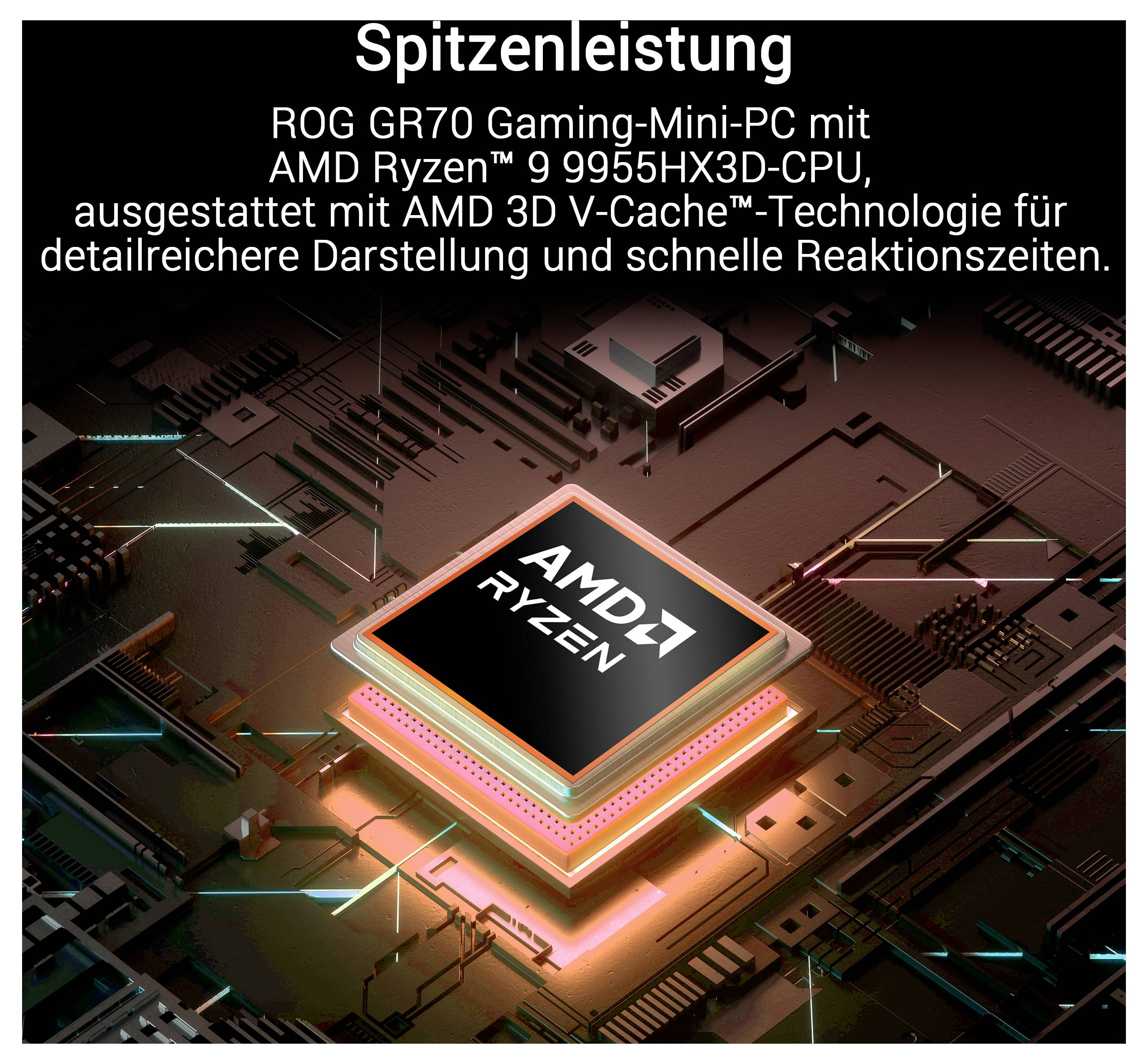 Promotionsgrafik für ROG GR70 Gaming Mini-PC mit AMD Ryzen 9 9955HX3D und AMD 3D V-Cache, mit Hervorhebung von „Spitzenleistung" auf Deutsch.