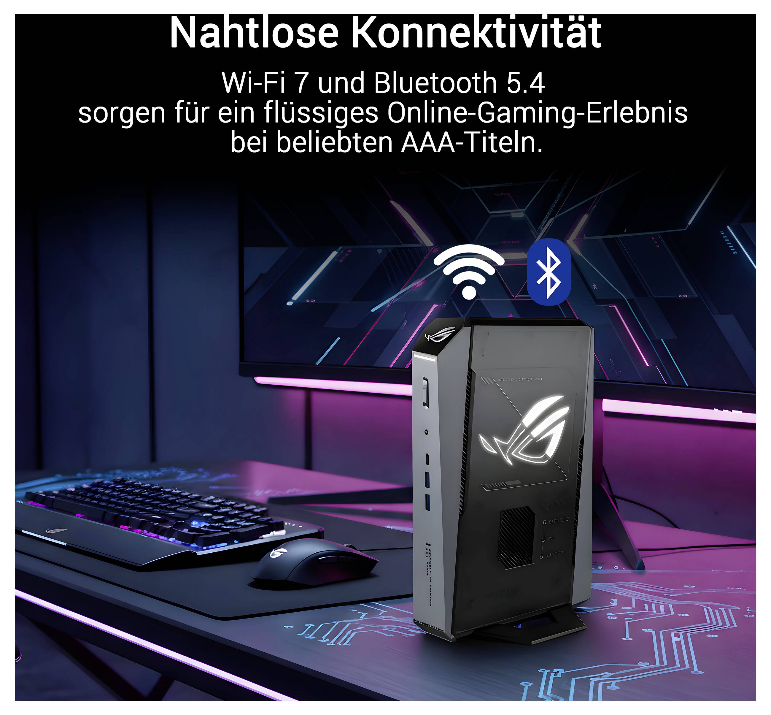 Werbebild eines Gaming-PC-Setups mit einem kompakten Desktop-Tower, Tastatur und Maus; der Text lautet „Nahtlose Konnektivität" und hebt Wi‑Fi 7 und Bluetooth 5.4 für reibungsloses Online-Gaming hervor.