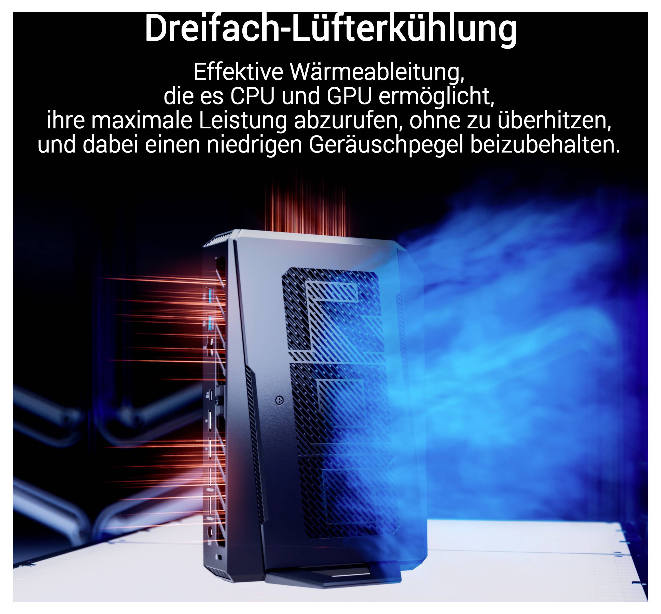 Grafik eines PC-Gehäuses mit blauer und roter Luftströmung, betitelt „Dreifach-Lüfterkühlung", die effiziente CPU- und GPU-Kühlung sowie geringen Lärm bewirbt.