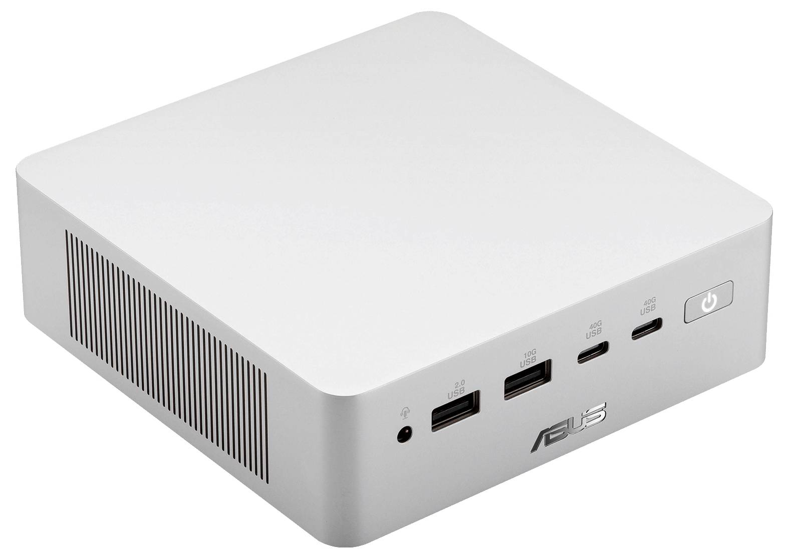 Kompakter weißer ASUS Mini-PC mit Stromknopf an der Vorderseite, zwei USB-Anschlüssen, Audiobuchse und Belüftungsschlitzen an der Seite.