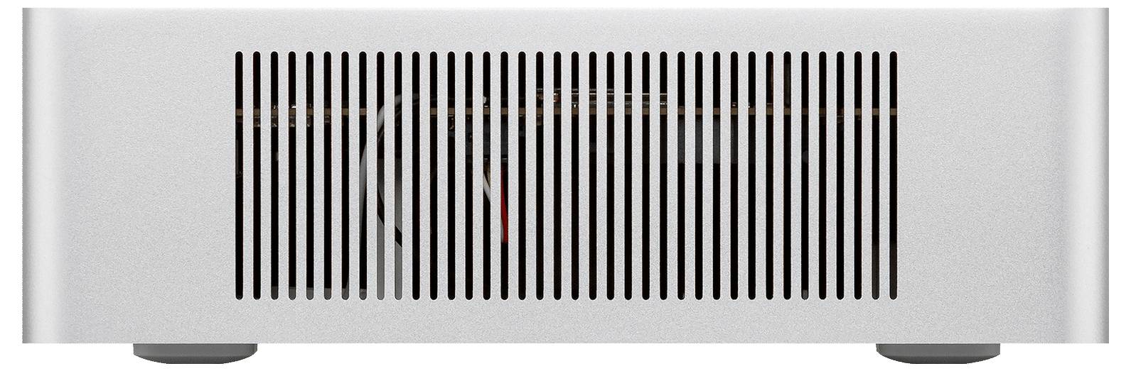 Silbernes rechteckiges elektronisches Gerät mit einem zentralen schwarzen Lüftungsgitter und zwei kleinen Füßen am Boden.