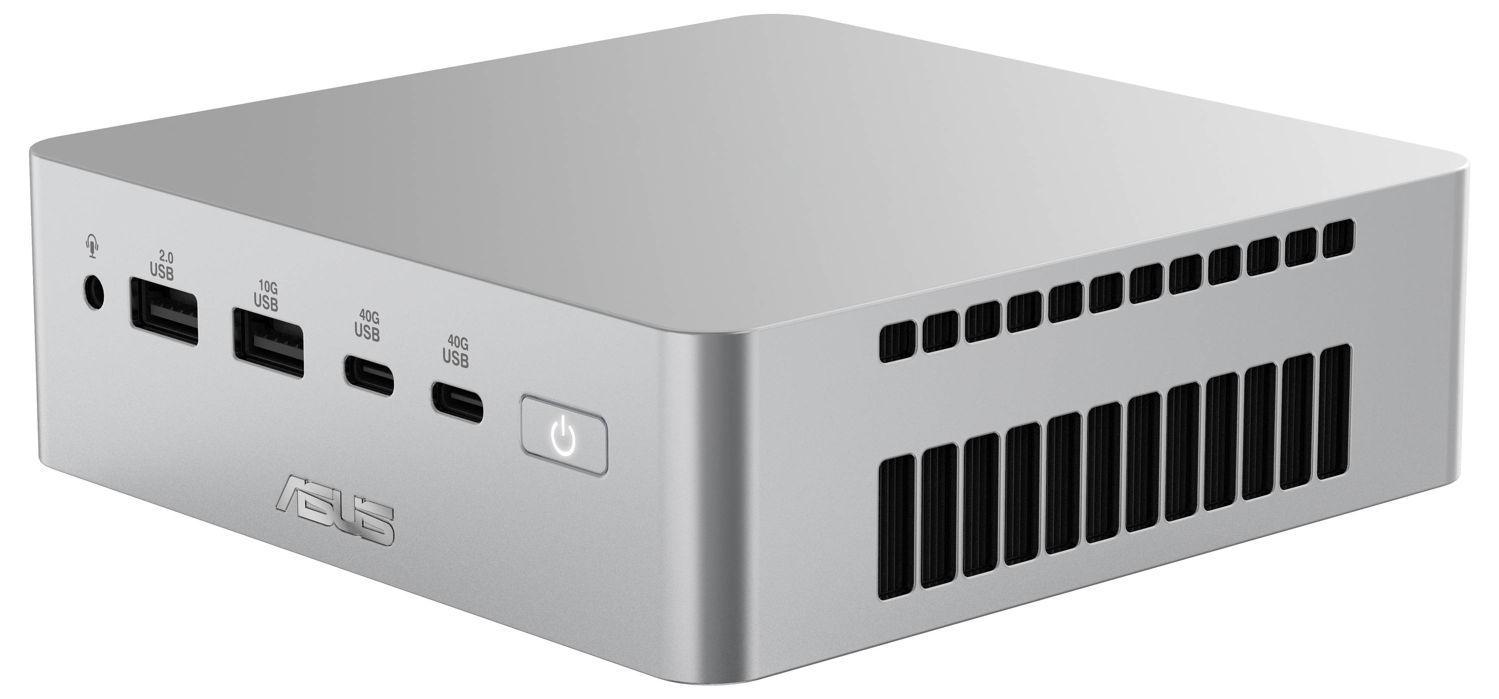 Vorderansicht des silbernen ASUS Mini-PCs mit Ein-/Ausschalter, USB-Anschlüssen, Audiobuchse und seitlichen Belüftungsschlitzen.