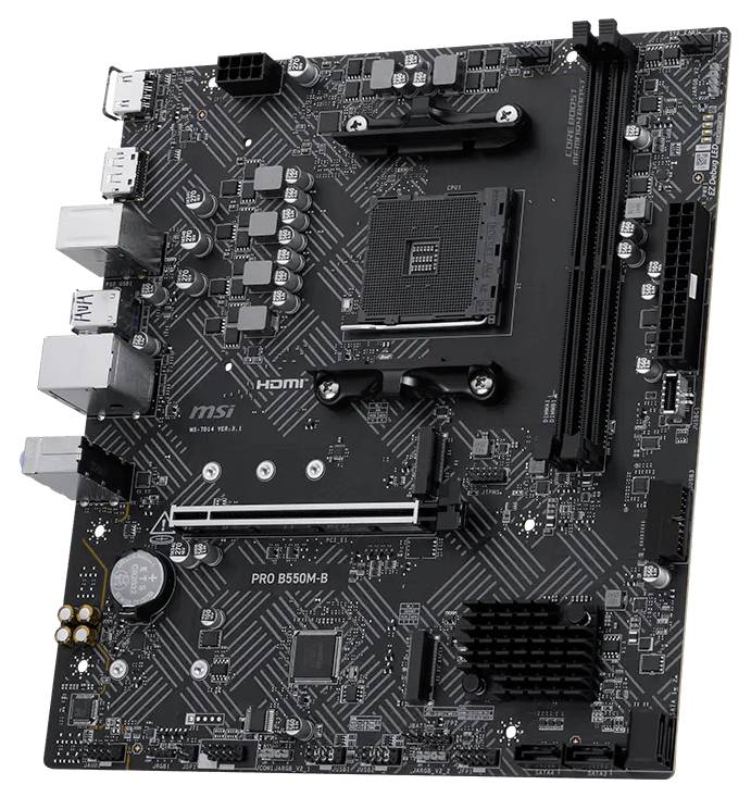 MSI PRO B550M-B Micro-ATX-Motherboard mit AMD-AM4-Sockel, zwei RAM-Steckplätzen, PCIe-x16-Slot und rückseitigen I/O-Anschlüssen.