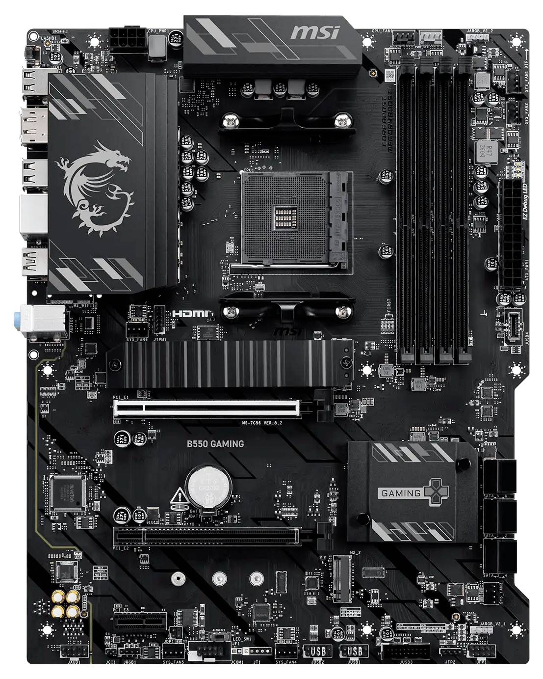 MSI B550 Gaming-Mainboard mit AMD AM4-CPU-Sockel, vier RAM-Slots, PCIe-Slots und sichtbaren Anschlüssen auf der Rückseite.