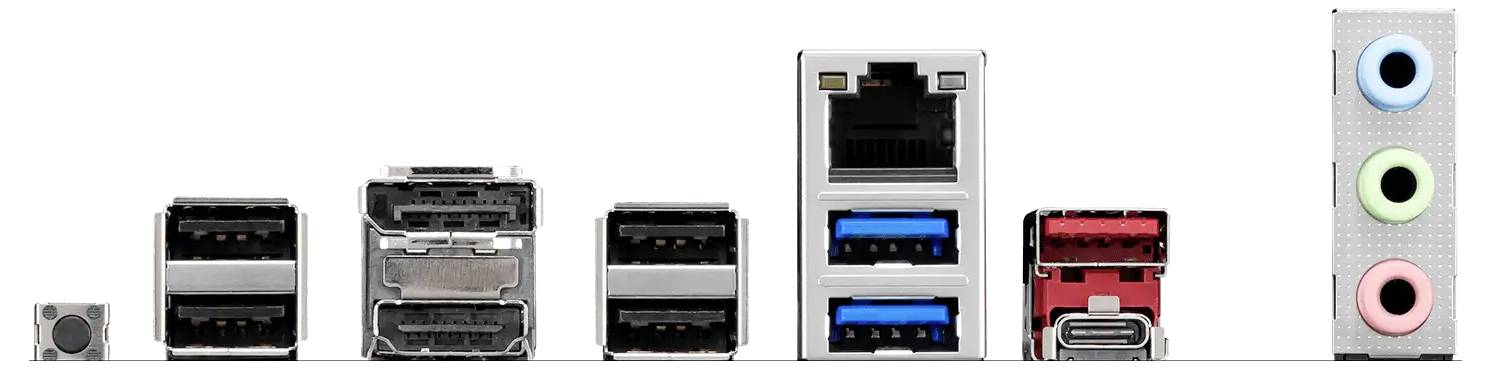 Verschiedene Computer-Geräteports und Steckverbinder in einer Reihe, einschließlich USB, Ethernet und Audiobuchsen.